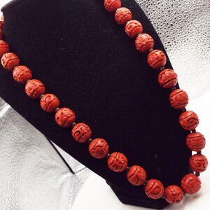EARLY 20TH CENT. CARVED CINNABAR 16MM BEADS STERLING SPACERS & CLASP NECKLACE 39